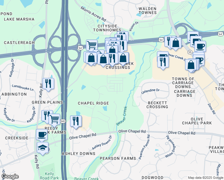 map of restaurants, bars, coffee shops, grocery stores, and more near 2048 Ackerman Hill Drive in Apex