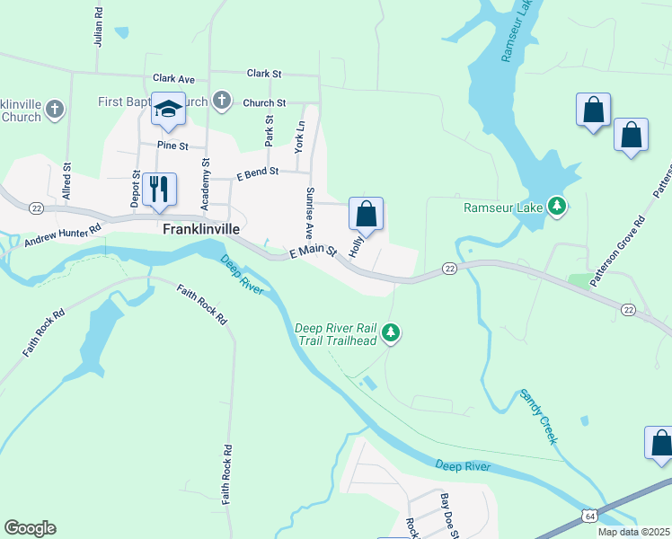 map of restaurants, bars, coffee shops, grocery stores, and more near 352 East Main Street in Franklinville