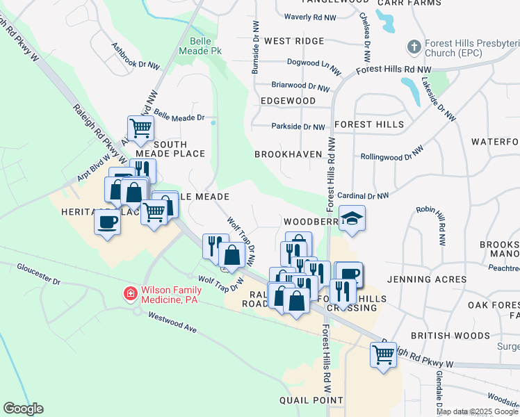 map of restaurants, bars, coffee shops, grocery stores, and more near 3002 Farmington Place Northwest in Wilson