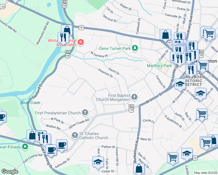 map of restaurants, bars, coffee shops, grocery stores, and more near 212 Riverside Drive in Morganton