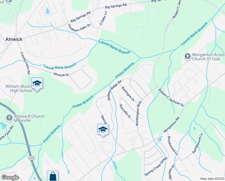 map of restaurants, bars, coffee shops, grocery stores, and more near 1005 Elsborn Ridge Road in Maryville