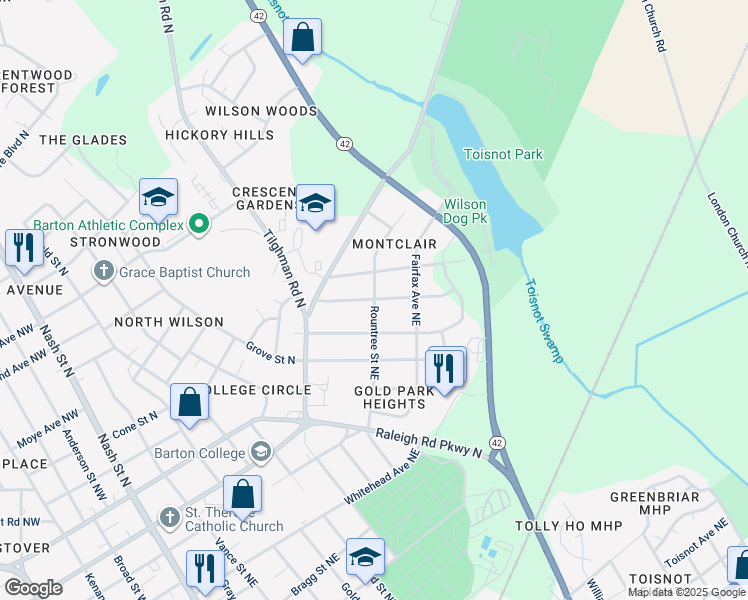 map of restaurants, bars, coffee shops, grocery stores, and more near 1199 Rountree Street Northeast in Wilson