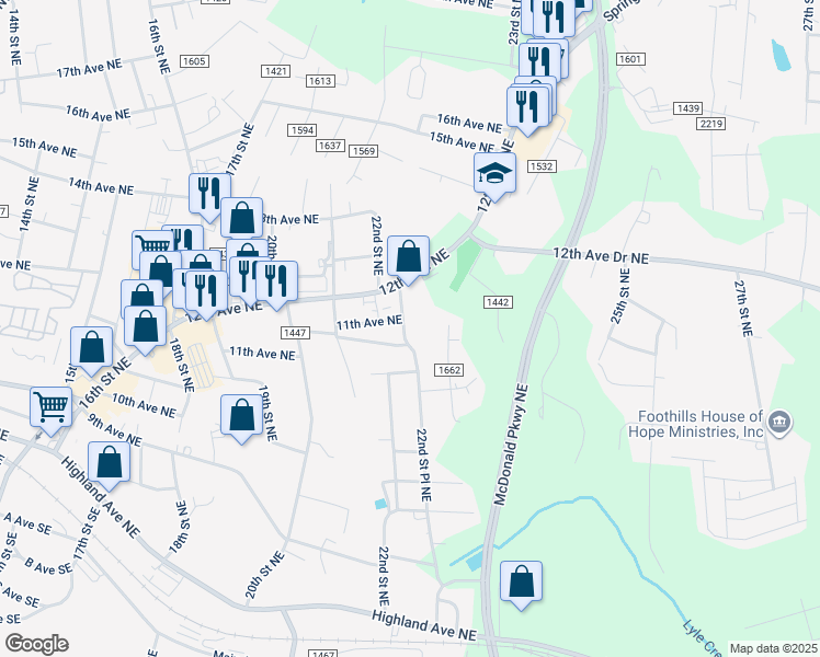 map of restaurants, bars, coffee shops, grocery stores, and more near 1092 22nd Street Northeast in Hickory