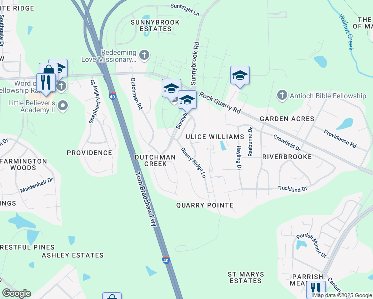 map of restaurants, bars, coffee shops, grocery stores, and more near 2620 Quarry Ridge Lane in Raleigh