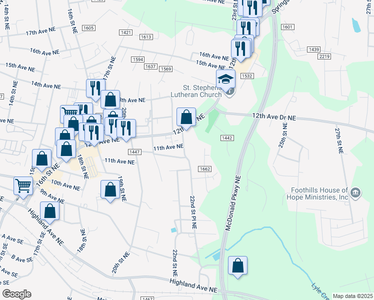 map of restaurants, bars, coffee shops, grocery stores, and more near 1092 22nd Street Northeast in Hickory