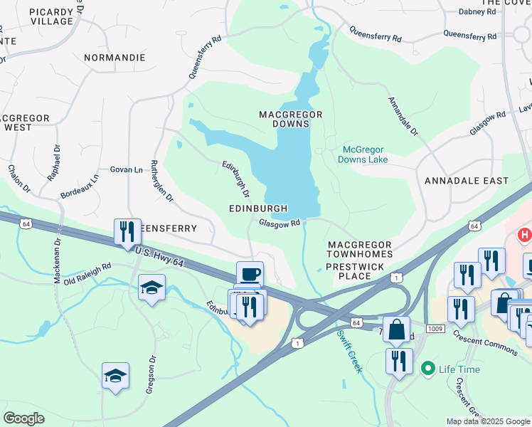 map of restaurants, bars, coffee shops, grocery stores, and more near in Cary