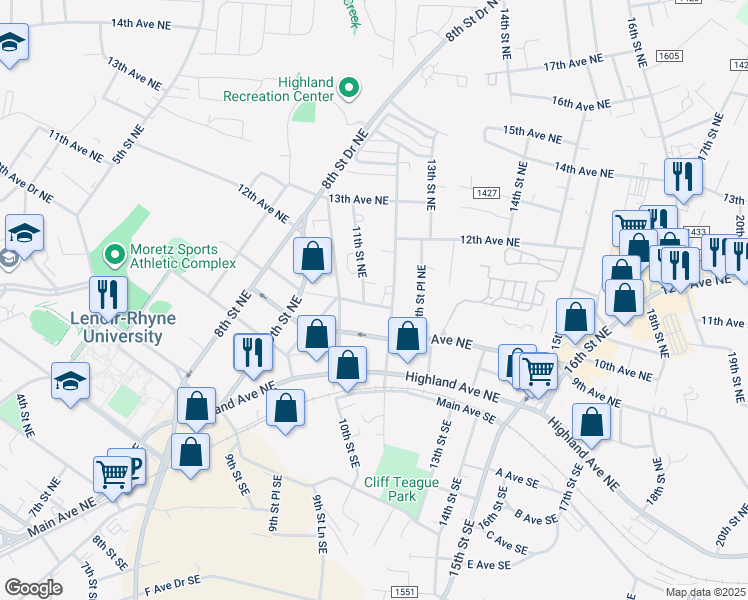 map of restaurants, bars, coffee shops, grocery stores, and more near 1109 10th Avenue Northeast in Hickory