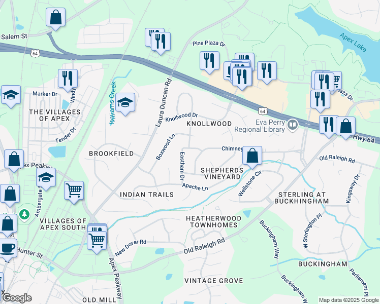 map of restaurants, bars, coffee shops, grocery stores, and more near 1007 Eastham Drive in Apex