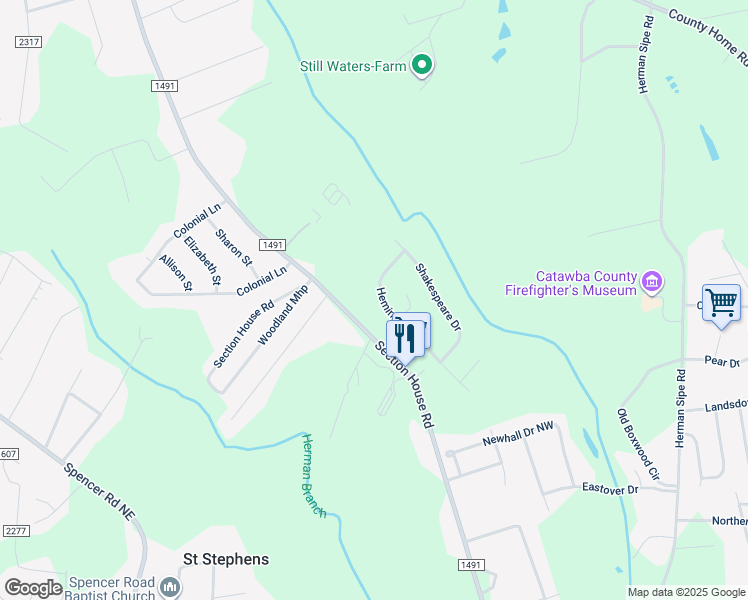 map of restaurants, bars, coffee shops, grocery stores, and more near 4169 Hemingway Drive in Hickory