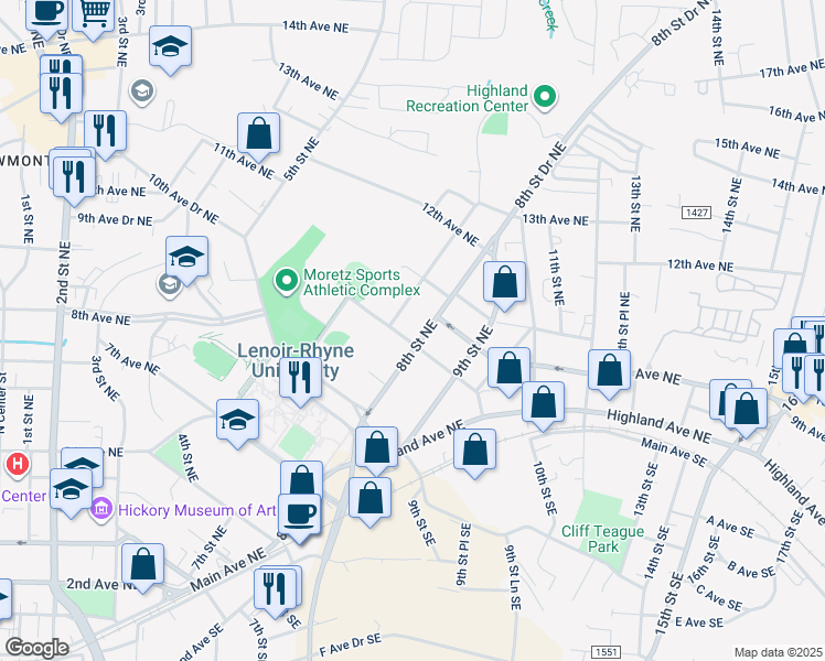 map of restaurants, bars, coffee shops, grocery stores, and more near 737 9th Avenue Northeast in Hickory