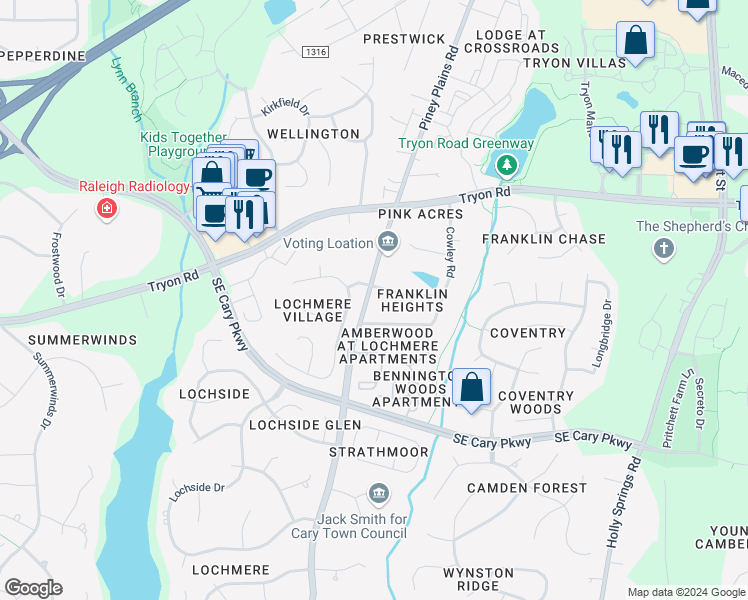 map of restaurants, bars, coffee shops, grocery stores, and more near 2905 Piney Plains Road in Cary