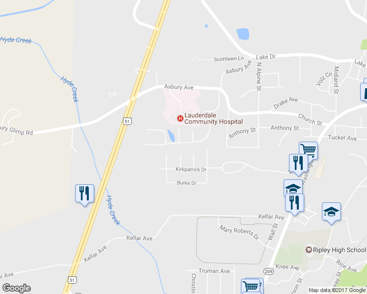 map of restaurants, bars, coffee shops, grocery stores, and more near 124 Willow Creek Drive in Ripley