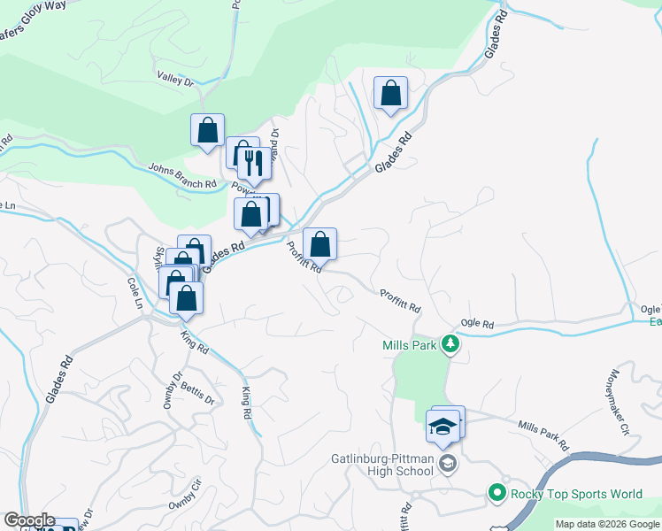 map of restaurants, bars, coffee shops, grocery stores, and more near 105 Proffitt Road in Gatlinburg