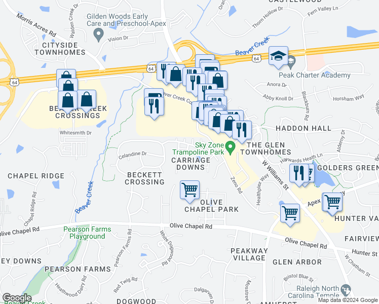 map of restaurants, bars, coffee shops, grocery stores, and more near 201 Rapp Lane in Apex