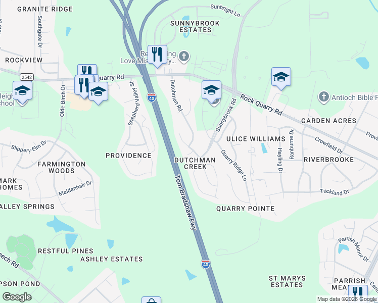 map of restaurants, bars, coffee shops, grocery stores, and more near 2701 Summer Stream Drive in Raleigh