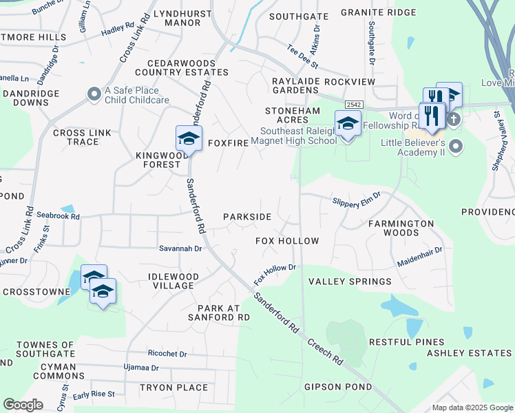 map of restaurants, bars, coffee shops, grocery stores, and more near 1824 Elkpark Drive in Raleigh