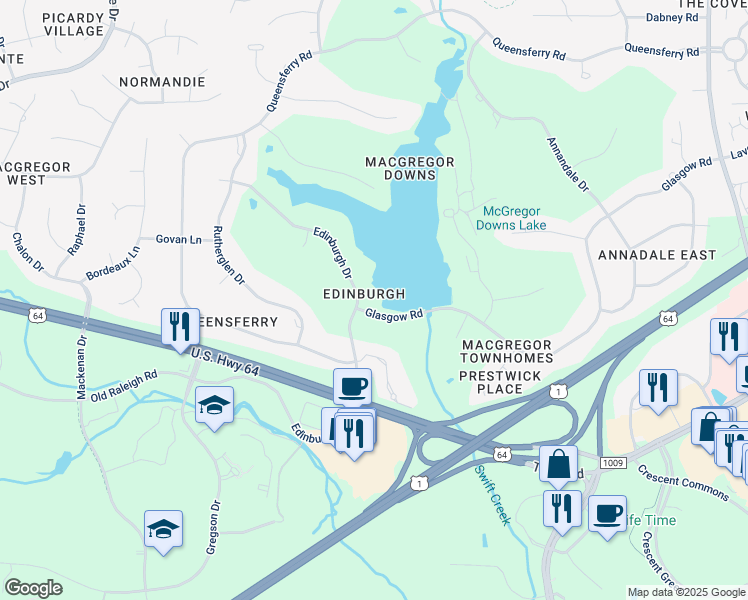 map of restaurants, bars, coffee shops, grocery stores, and more near in Cary