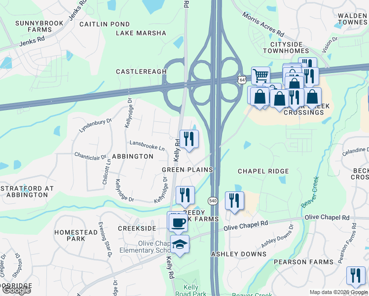 map of restaurants, bars, coffee shops, grocery stores, and more near 2280 Chattering Lory Lane in Apex