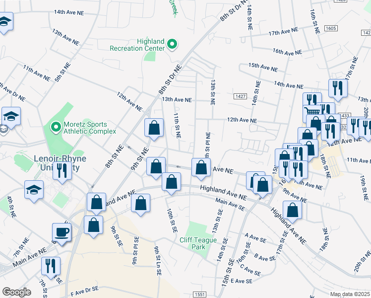 map of restaurants, bars, coffee shops, grocery stores, and more near 1109 10th Avenue Northeast in Hickory