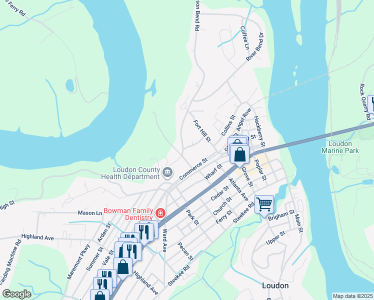 map of restaurants, bars, coffee shops, grocery stores, and more near 104 Huffs Ferry Road in Loudon