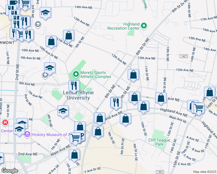 map of restaurants, bars, coffee shops, grocery stores, and more near 737 9th Avenue Northeast in Hickory