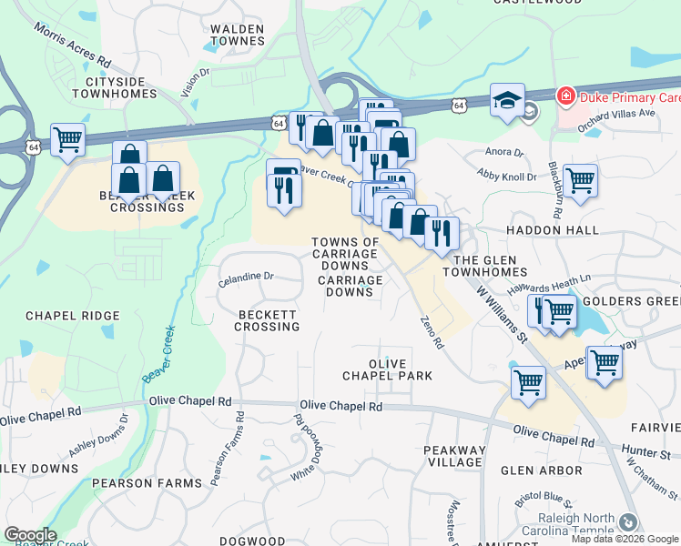 map of restaurants, bars, coffee shops, grocery stores, and more near 209 Rapp Lane in Apex