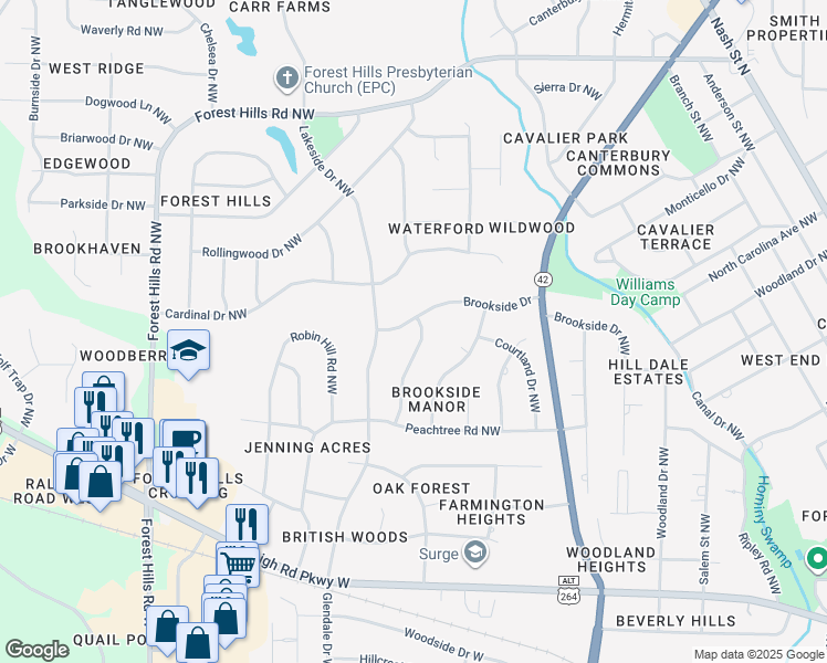 map of restaurants, bars, coffee shops, grocery stores, and more near 1119 Laurel Ln NW in Wilson