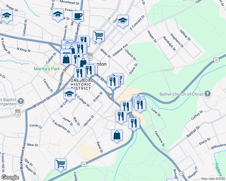 map of restaurants, bars, coffee shops, grocery stores, and more near 544 South Green Street in Morganton