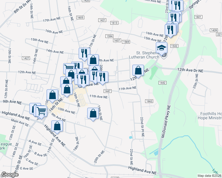 map of restaurants, bars, coffee shops, grocery stores, and more near 2021 11th Avenue Northeast in Hickory