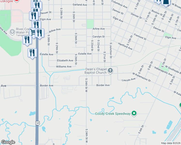 map of restaurants, bars, coffee shops, grocery stores, and more near 1214 South 23rd Street in Muskogee