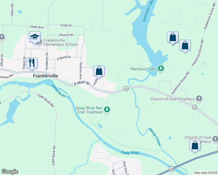 map of restaurants, bars, coffee shops, grocery stores, and more near 527E East Main Street in Franklinville