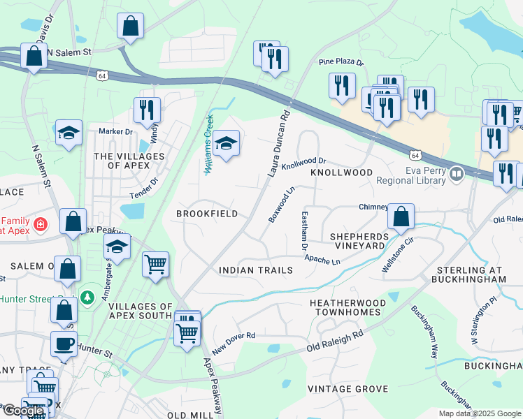map of restaurants, bars, coffee shops, grocery stores, and more near 1307 Boxwood Lane in Apex