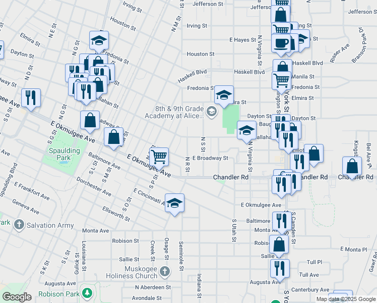 map of restaurants, bars, coffee shops, grocery stores, and more near 1704 East Broadway Avenue in Muskogee