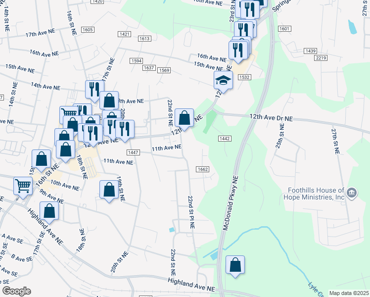 map of restaurants, bars, coffee shops, grocery stores, and more near 1092 22nd Street Northeast in Hickory