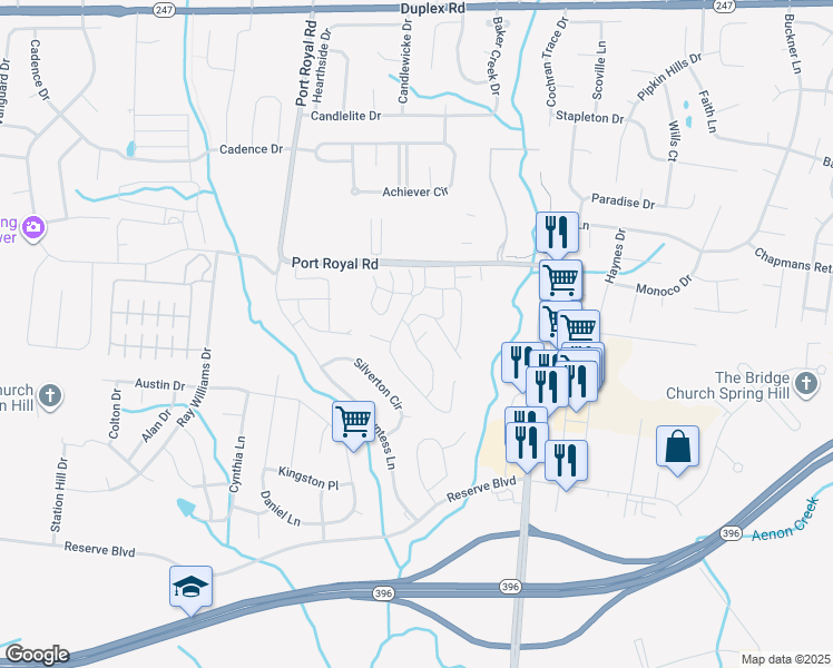 map of restaurants, bars, coffee shops, grocery stores, and more near 6025 Hillside Lane in Spring Hill