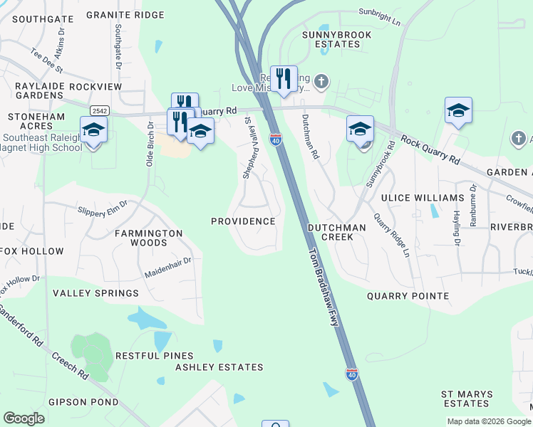 map of restaurants, bars, coffee shops, grocery stores, and more near 3232 Revelation Street in Raleigh