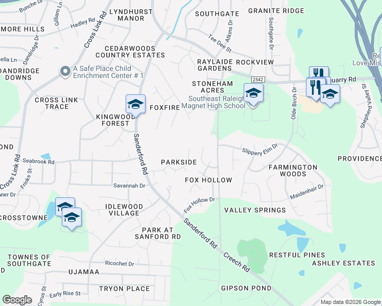 map of restaurants, bars, coffee shops, grocery stores, and more near 2616 Adcox Place in Raleigh