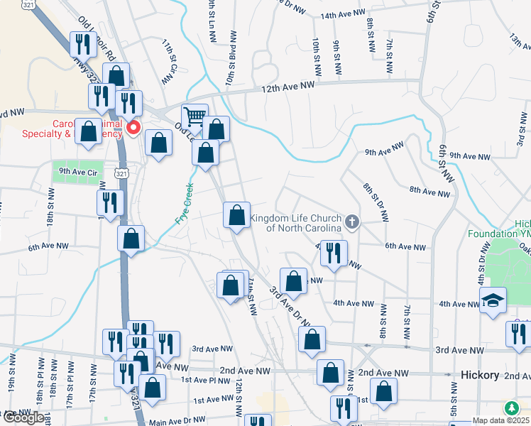 map of restaurants, bars, coffee shops, grocery stores, and more near 1099 4th Avenue Northwest in Hickory