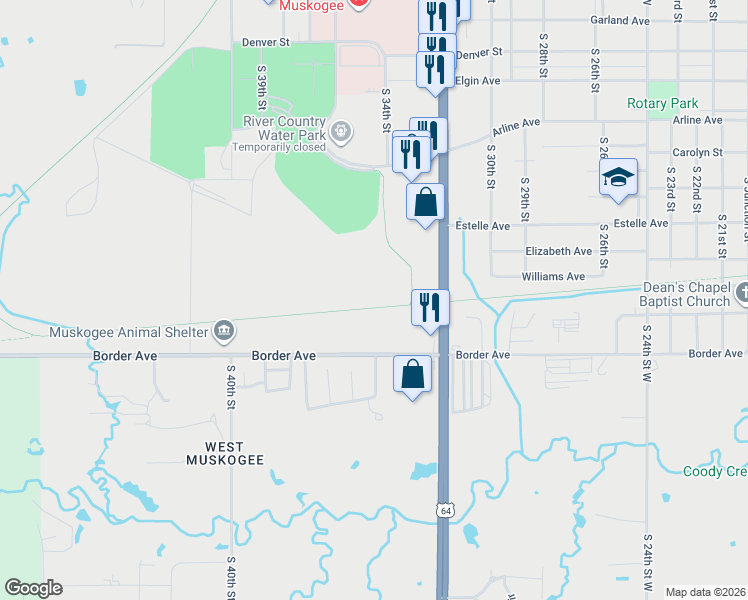 map of restaurants, bars, coffee shops, grocery stores, and more near 3509 Border Avenue in Muskogee