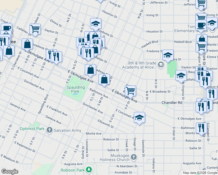 map of restaurants, bars, coffee shops, grocery stores, and more near 1318 East Okmulgee Street in Muskogee