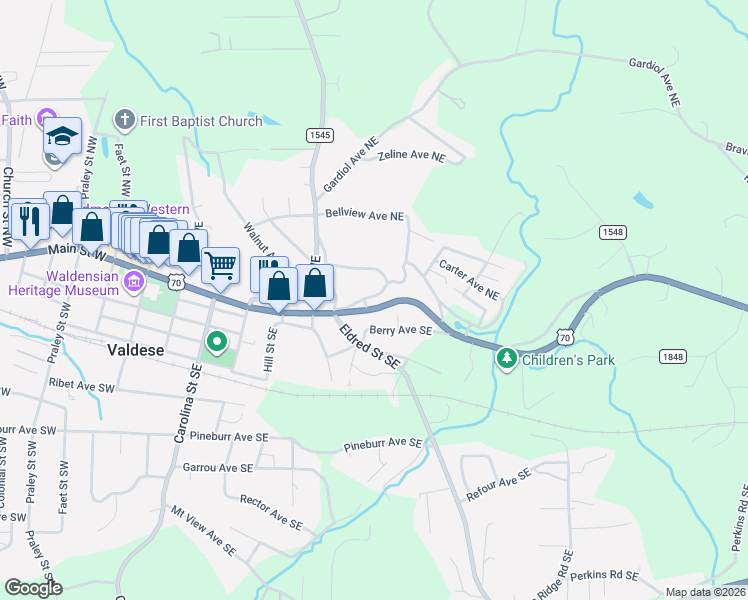 map of restaurants, bars, coffee shops, grocery stores, and more near 809 Main Street East in Valdese