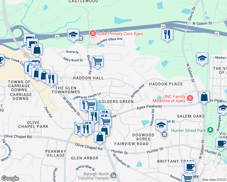 map of restaurants, bars, coffee shops, grocery stores, and more near 920 Haywards Heath Lane in Apex