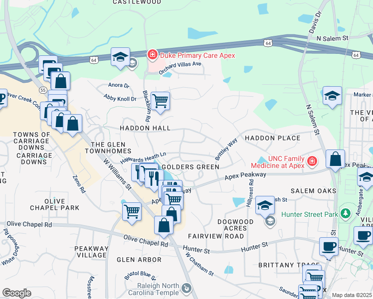 map of restaurants, bars, coffee shops, grocery stores, and more near 920 Haywards Heath Lane in Apex