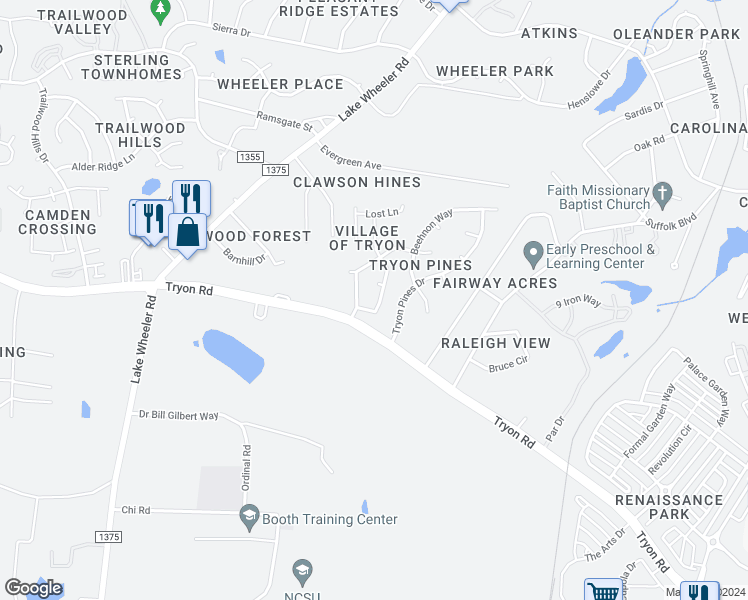 map of restaurants, bars, coffee shops, grocery stores, and more near 2520 Valley Haven Drive in Raleigh