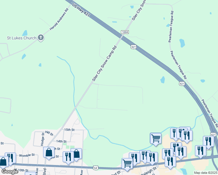 map of restaurants, bars, coffee shops, grocery stores, and more near 150 North Richardson Road in Siler City