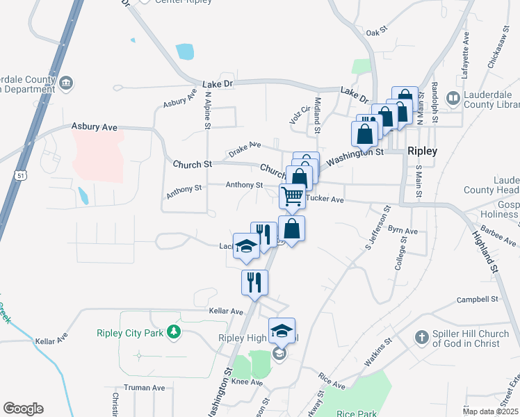 map of restaurants, bars, coffee shops, grocery stores, and more near 215 Lackey Lane in Ripley