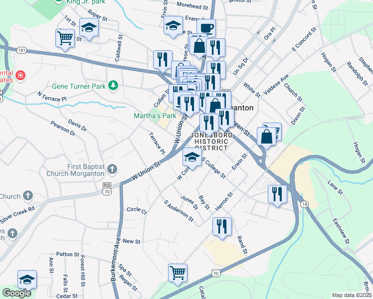 map of restaurants, bars, coffee shops, grocery stores, and more near 208 College Street in Morganton