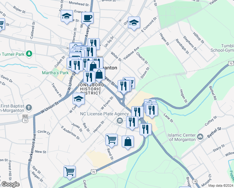 map of restaurants, bars, coffee shops, grocery stores, and more near 544-624 South Green Street in Morganton