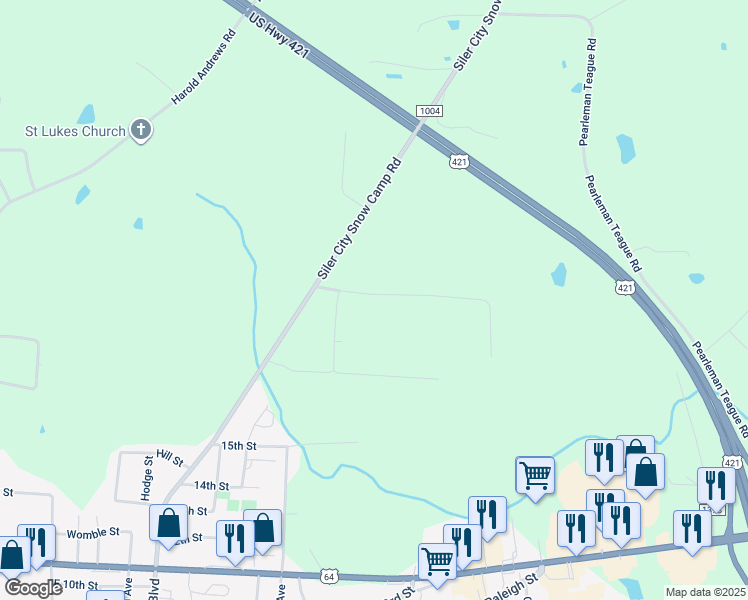 map of restaurants, bars, coffee shops, grocery stores, and more near 150 North Richardson Road in Siler City