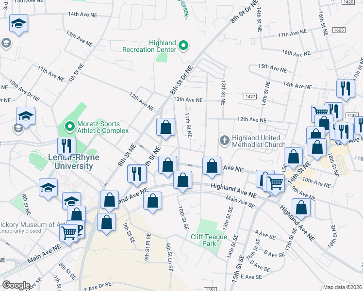 map of restaurants, bars, coffee shops, grocery stores, and more near 1000-1098 10th Avenue Northeast in Hickory